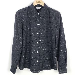 Vintage Black Metallic Shimmer Button Down Blouse
